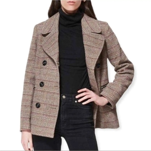 Maralyn Me Juniors Notched-Collar Double-Breasted Peacoat Brown Red Plaid XL - Picture 1 of 12